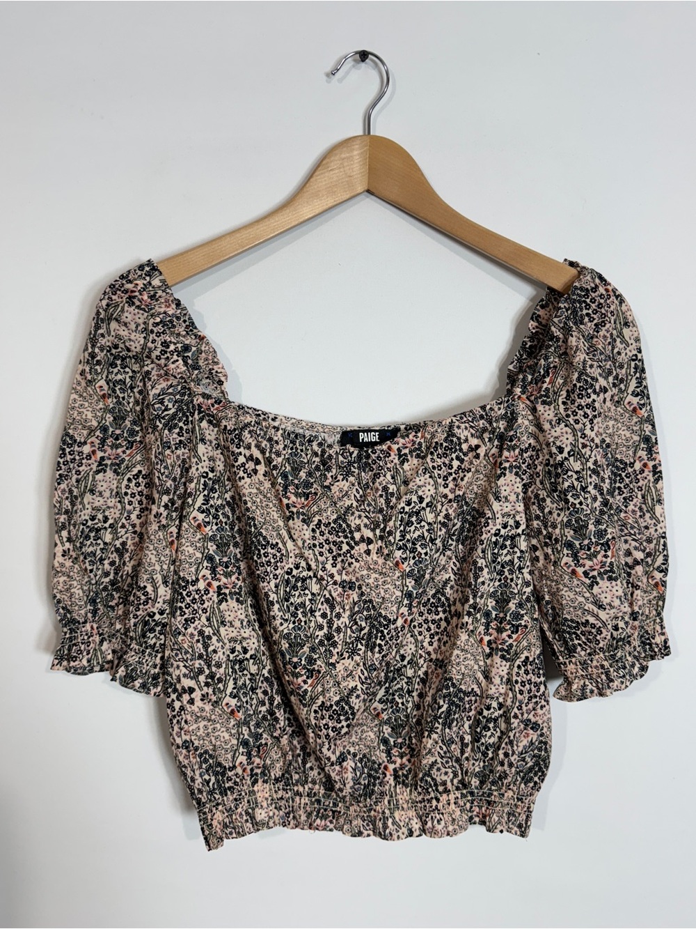 WSH78 {Paige} White Pink Ditsy Floral Puff Sleeve Crop Top Short Sleeve Blouse